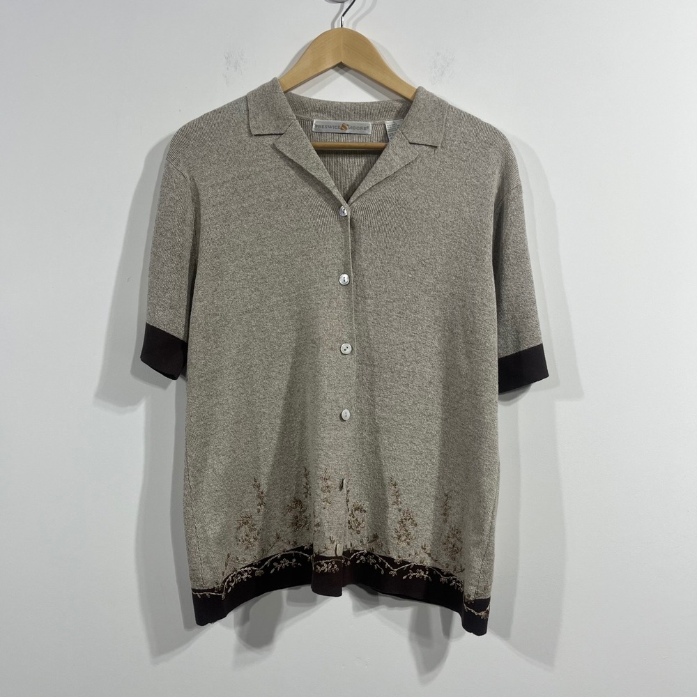 Preswick VTG Linen Cotton Embroidered Knit Button Up Top Womens Large Granola